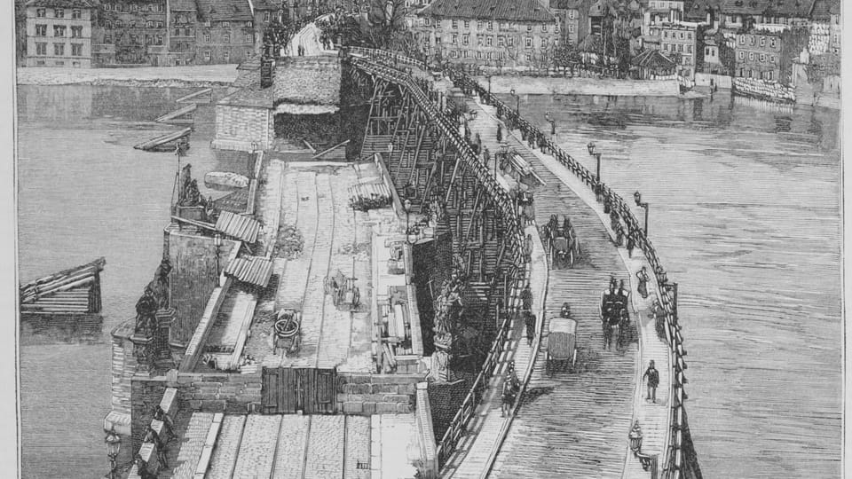 La restauration du pont Charles après de l'inondation en 1890,  photo: repro Světozor,  vol. 27,  iss. 9,  Janvier 13,  1893,  public domain