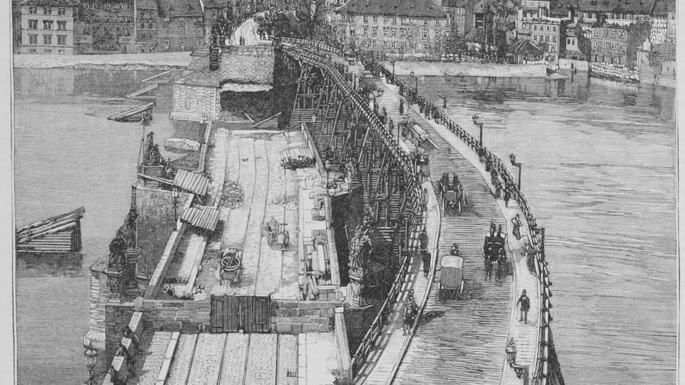 La restauration du pont Charles après de l'inondation en 1890, photo: repro Světozor, vol. 27, iss. 9, Janvier 13, 1893, public domain La restauration du pont Charles après de l'inondation en 1890, photo: repro Světozor, vol. 27, iss. 9, Janvier 13, 1893, public domain