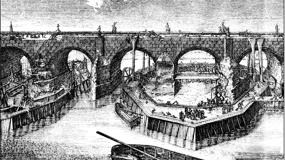 La reconstruction du pont Charles après la inondation en 1784, source: public domain La reconstruction du pont Charles après la inondation en 1784, source: public domain