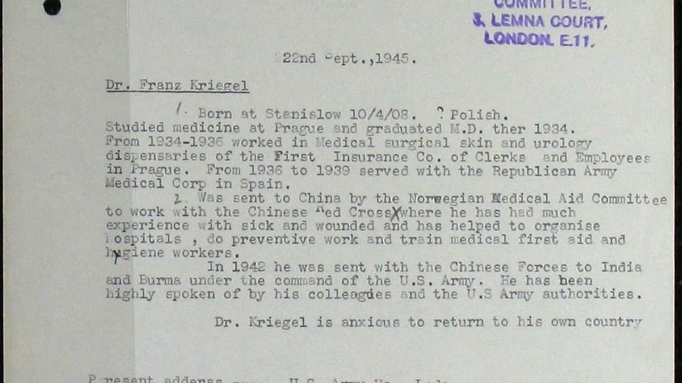 Le lettre de septembre 1945 relative au parcours en Asie de František Kriegel,  source: Arolsen Archives