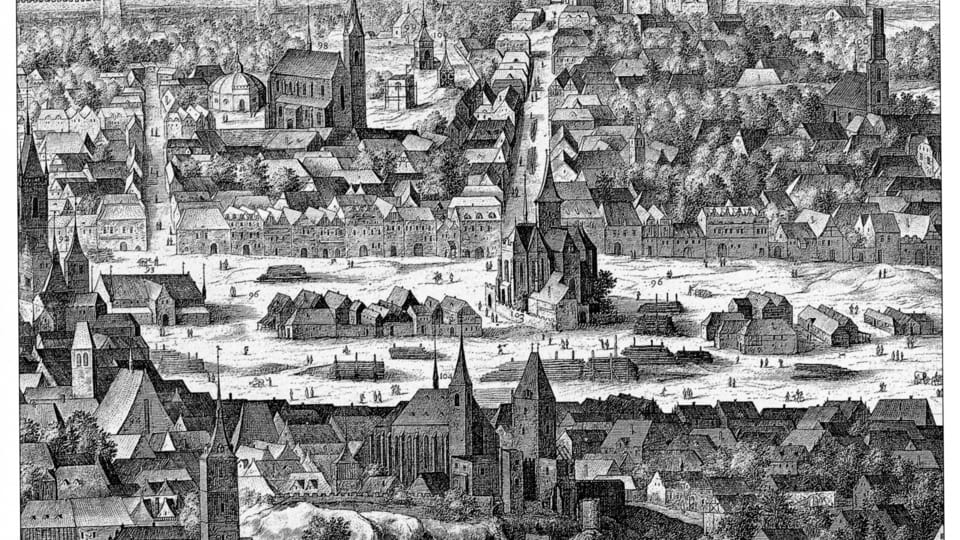 La Chapelle du Corps du Dieu au milieu de la place Charles en 1606,  source: Philipp van den Bossche/Prospectus Sadeler,  public domain