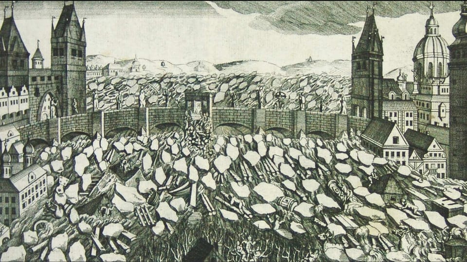 Des glaçons en face du pont Charles lors de l'inondation en février 1784,  source: public domain