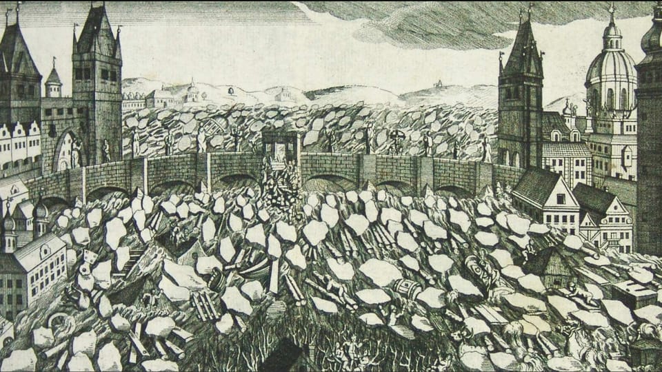 Des glaçons en face du pont Charles lors de l'inondation en février 1784, source: public domain Des glaçons en face du pont Charles lors de l'inondation en février 1784, source: public domain